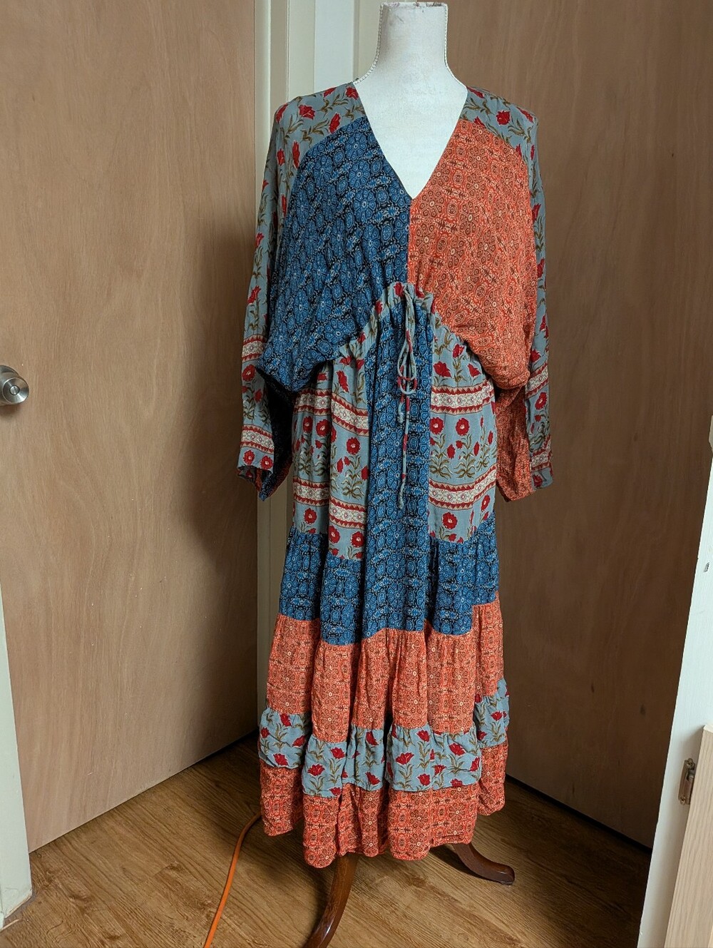 ZARA Boho Mixed Print Tiered Maxi Dress Blue Rust Floral Paisley M